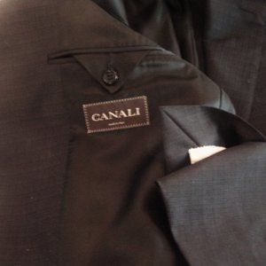 Canali Dress - Men's Suit Jacket, 44L Black 100% Wool 'No Button' Split Cuffs